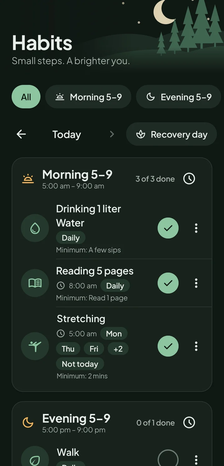 The Habits screen with a morning routine ticked off