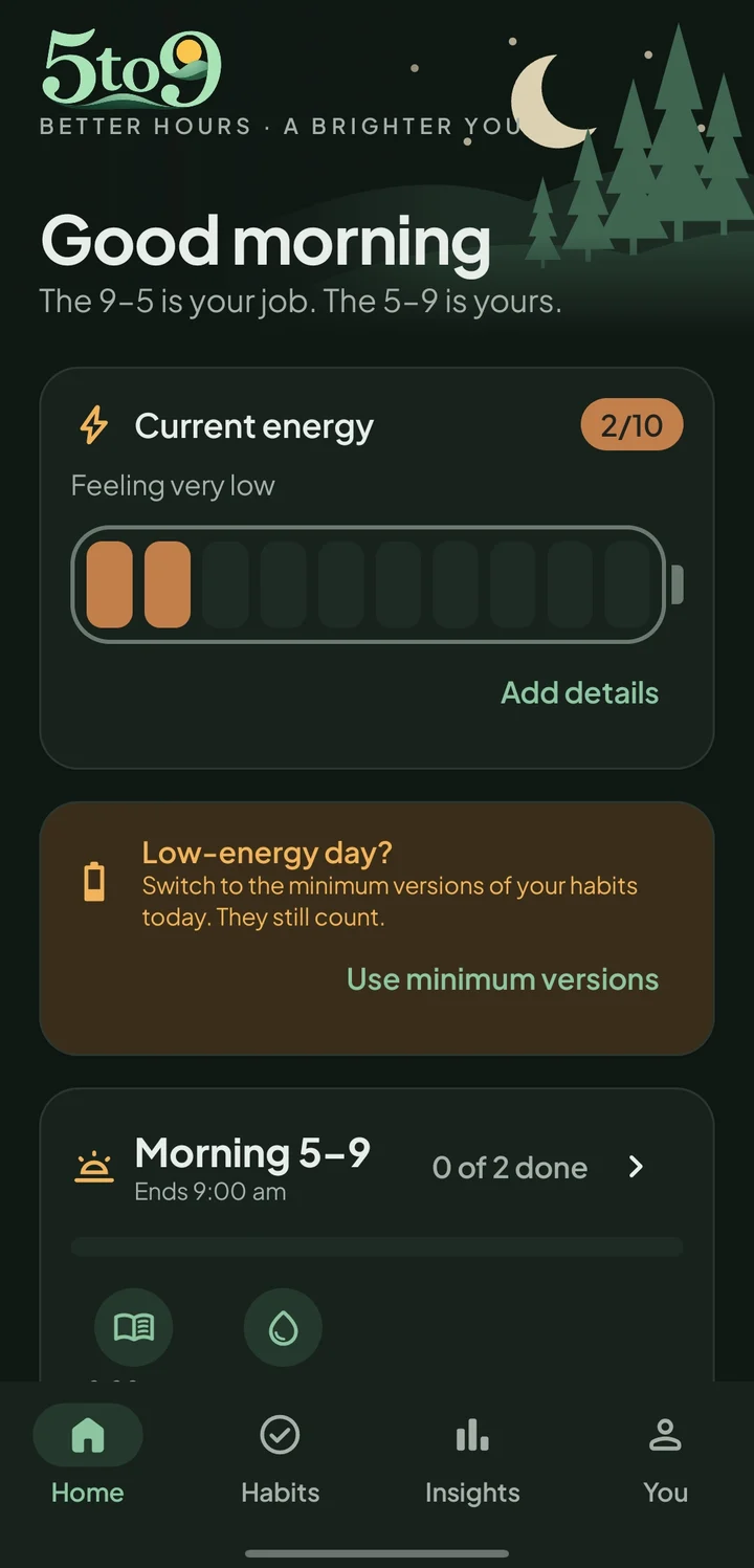 Home on a low-energy day: energy 2 out of 10 and a suggestion to use minimum versions