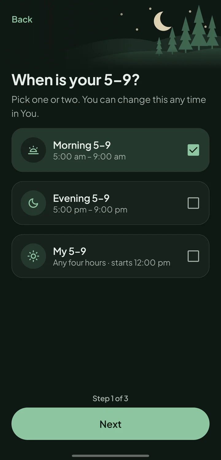 Setting up: When is your 5–9? Morning, Evening or My 5–9